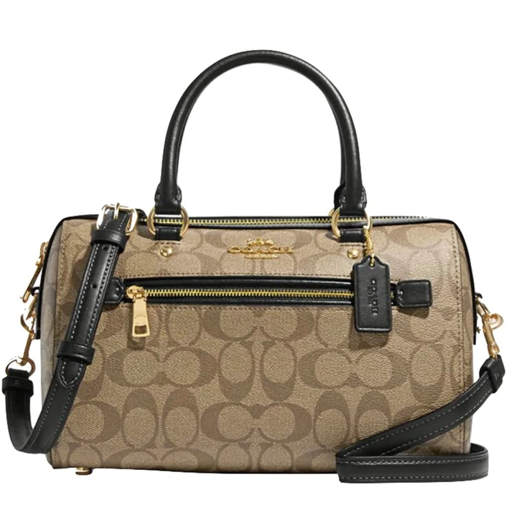 Coach Rowan Satchel Purse tan/brown and black with handles and across body strap